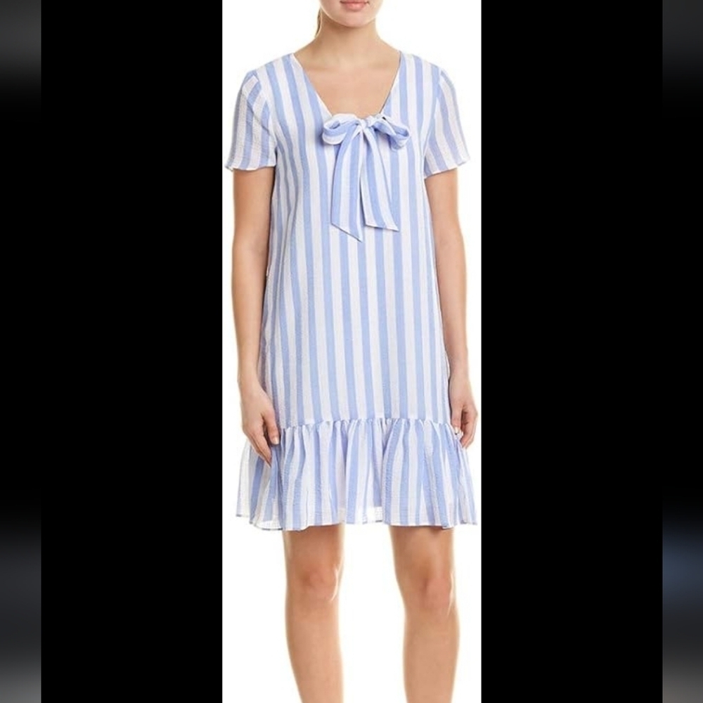 Avec Les Filles Striped Shift Dress Lined Blue White Bow Front Size 6